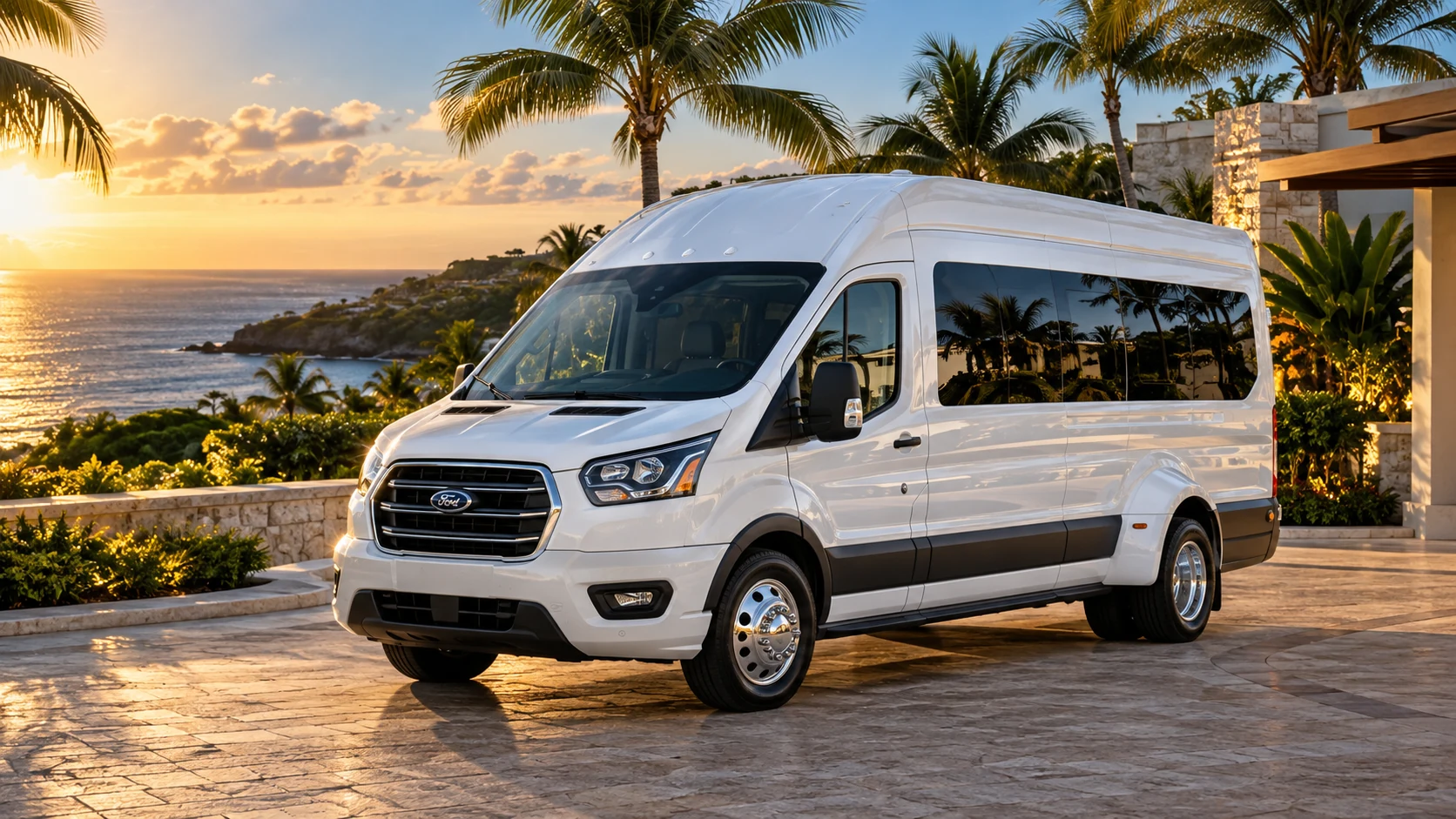 Illustrative white Ford Transit high-roof passenger van beside the Puerto Rico coast at sunset